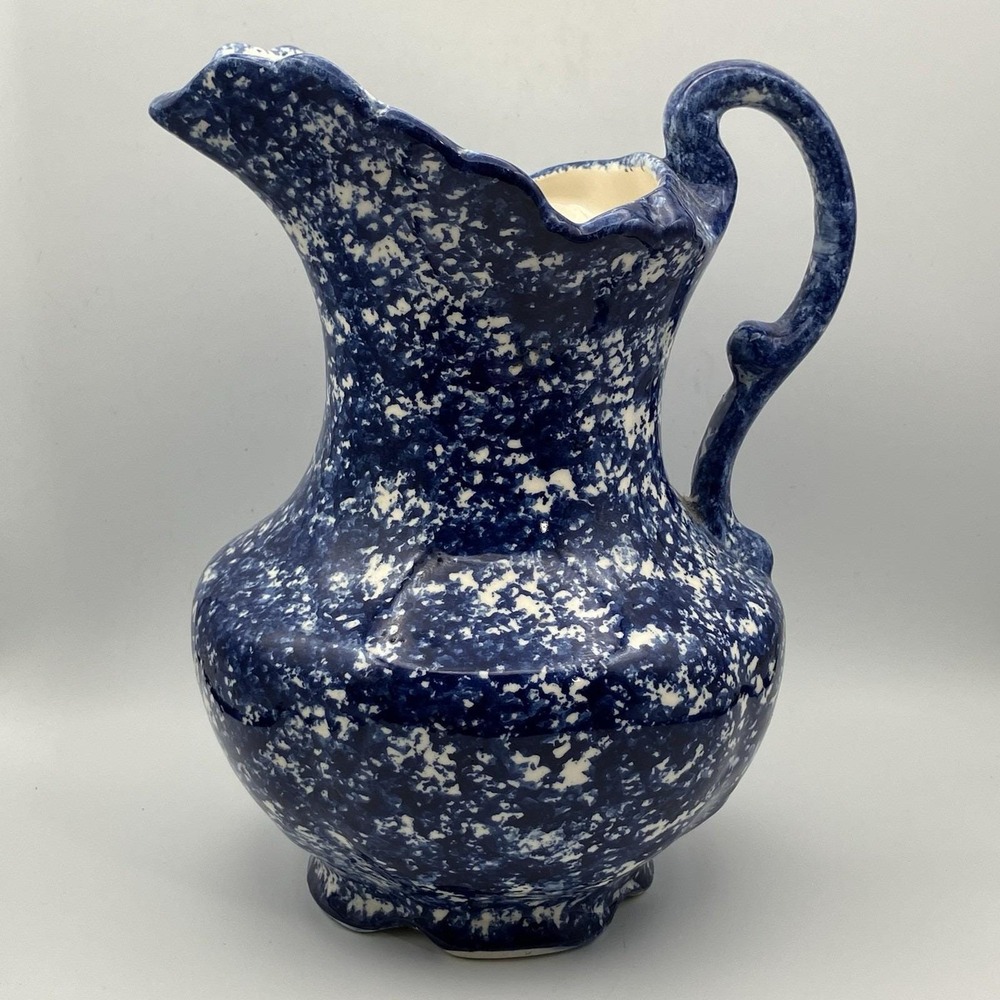 Vtg Ceramic Pitcher / Cash Family Pottery /Blue White / Hand Painted 1945